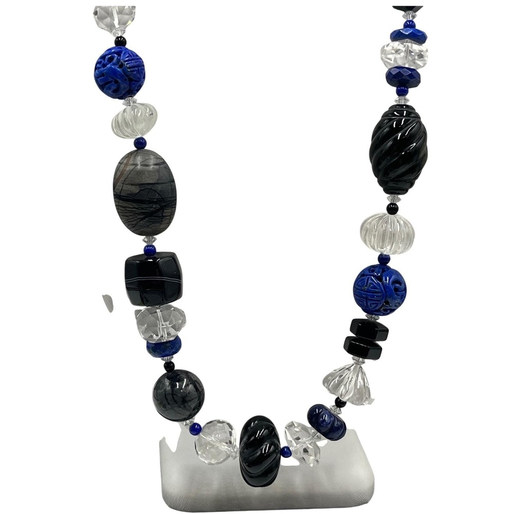 Neckings‎ by Paulette One of a Kind Chunky Carved Rock Quartz Blue Sodalite Onyx